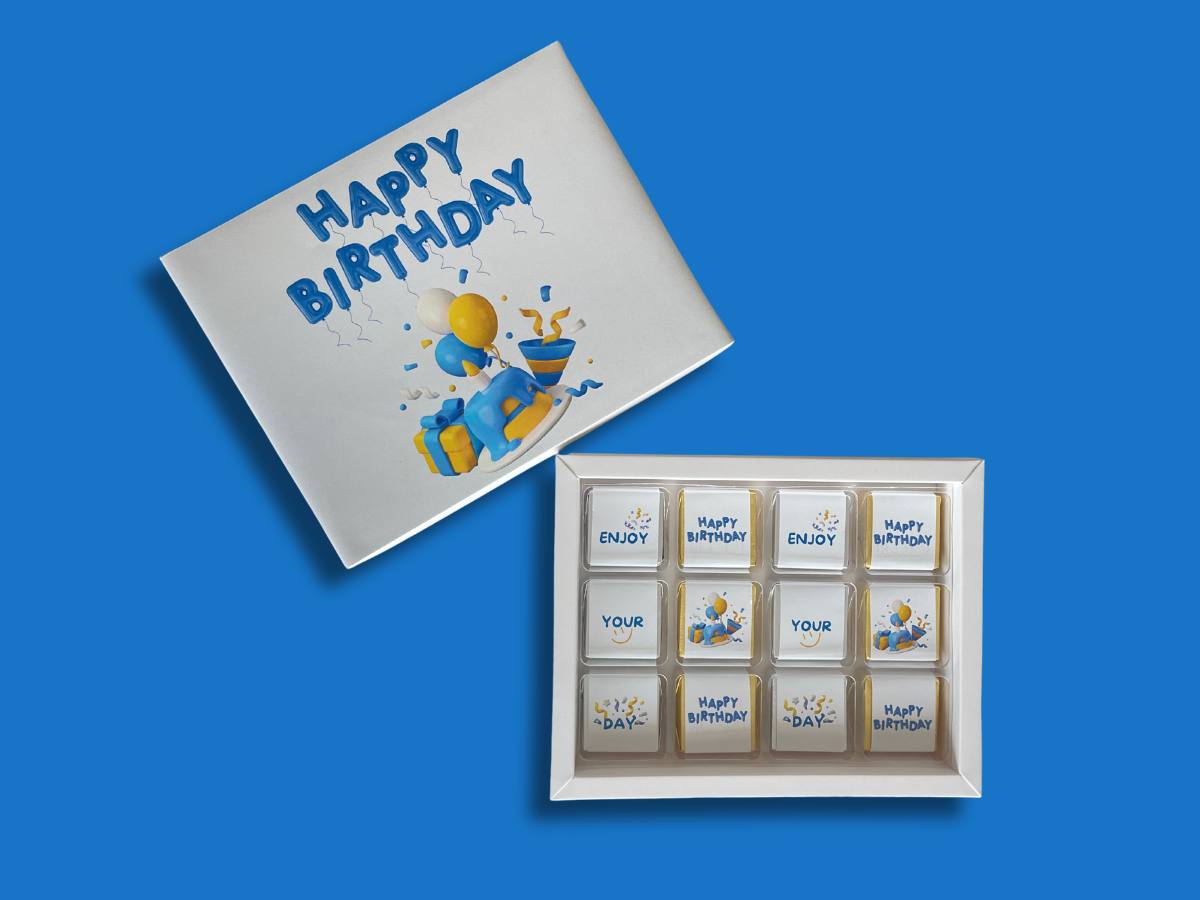 Blue & Yellow Happy Birthday Chocolate Box | premium chocolate box Dubai | same day chocolate delivery Dubai | birthday bouquet with chocolates | birthday chocolate gift | birthday chocolate gift Dubai | birthday chocolates UAE | Birthday Chocolate in Dubai | birthday chocolate gift box for him | birthday gift box Dubai online | birthday gift Dubai | birthday gifts UAE | birthday gift set UAE | birthday gift for her