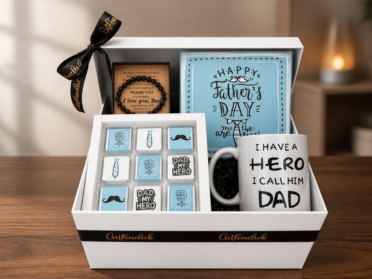 Gift set with mug, father's day chocolates, and bracelet  in a gift box on a wooden surface
