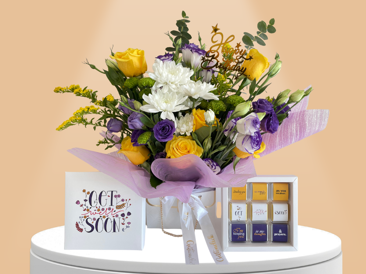 Bouquet of flowers with chocolate box Gift for get well soon