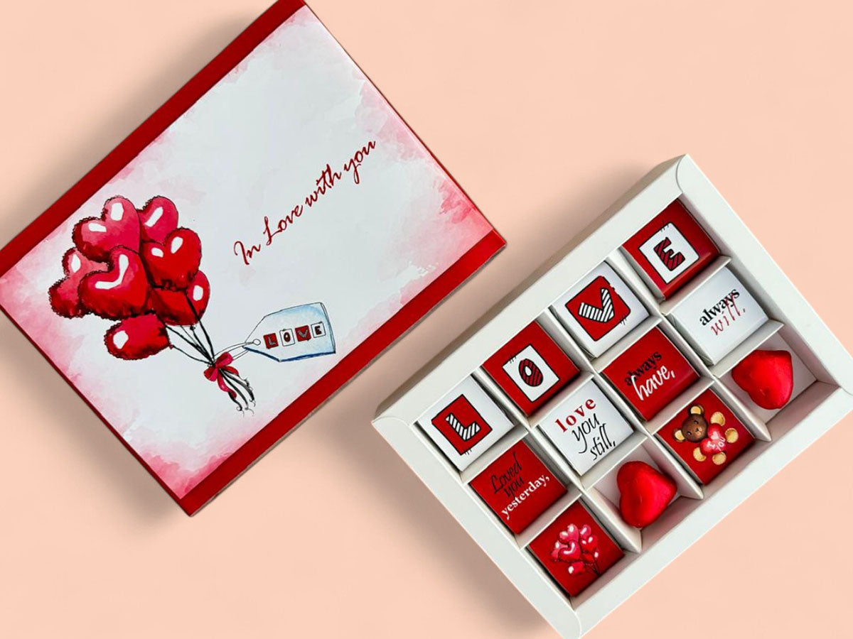 chocolate gift box, milk chocolate pieces, mixed flavours, gift box Dubai, romantic chocolate gift, heart fluttering gift, contains nuts, thoughtful message chocolates, love chocolate box, In Love With You chocolate