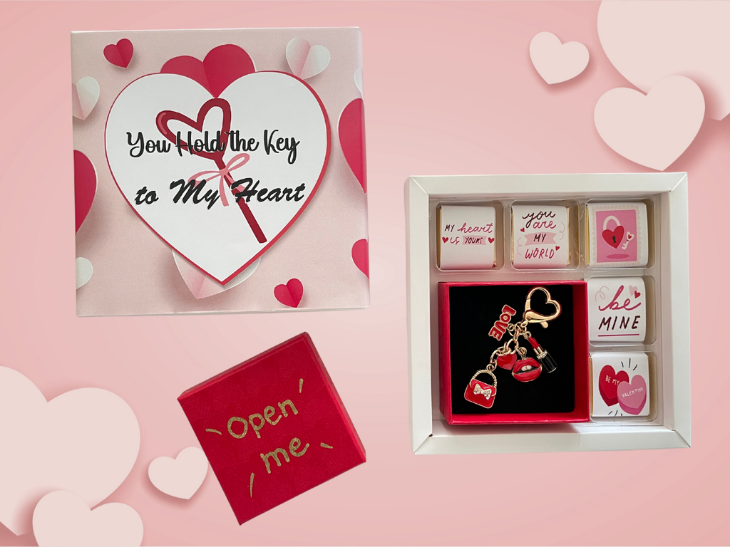 delicious milk chocolates UAE | festive chocolate gift box UAE | Belgian chocolate gift box UAE | same day chocolate delivery Dubai | premium chocolate box Dubai | chocolate gift Dubai | chocolate gift box UAE | milk chocolate gift box | heart-themed keychain | Valentine’s Day gift | romantic gift Dubai