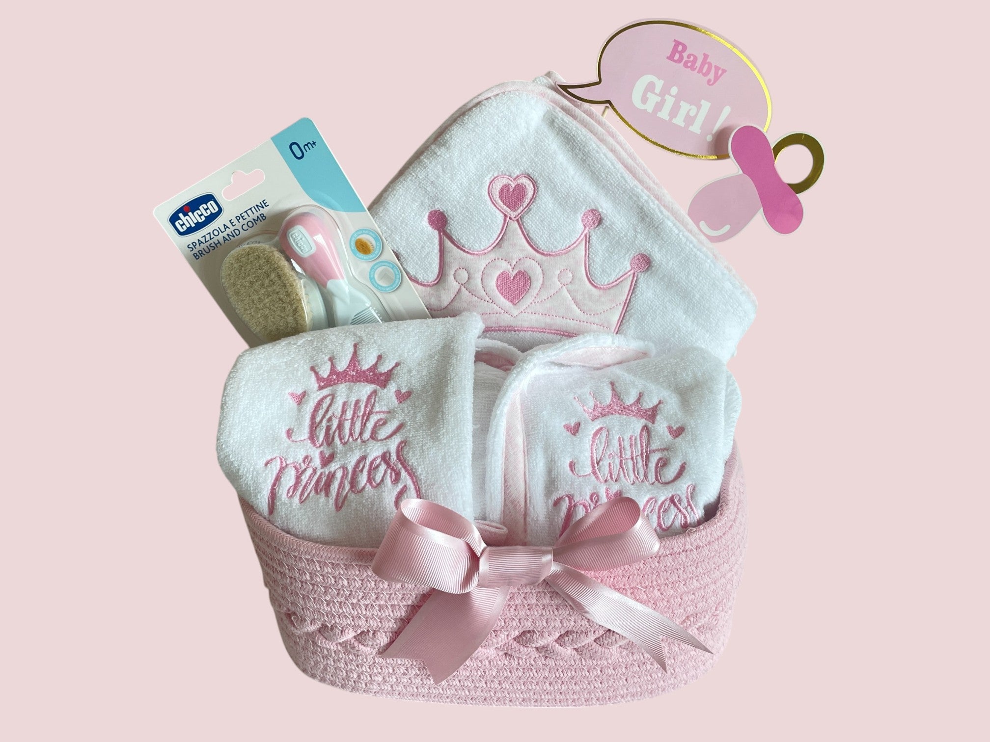 little princess bath hamper | baby bath gift set | hooded towel baby girl | baby bathrobe embroidered | baby girl bath accessories UAE | Dubai baby gift hamper | luxury baby girl bath gift | baby shower gift Dubai | bath hamper for newborn girl