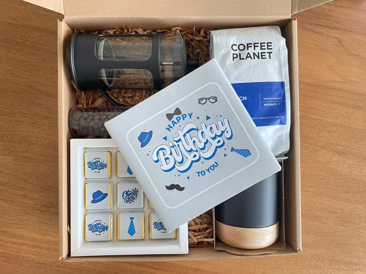 coffee gift box | birthday gift for him | coffee lover gift UAE | premium coffee gift set | chocolate and coffee gift | Belgian milk chocolate gift | birthday chocolate gift | Birthday gift | birthday gift Dubai | birthday gift box Dubai online | birthday gift set UAE | birthday gifts UAE | 9 Assorted custom chocolate | French press coffee gift