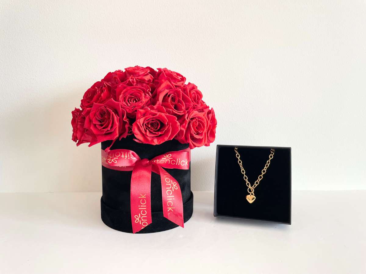 Luxury rose gift Dubai | Gold necklace gift Dubai | Rose jewelry box Dubai | Romantic gift Dubai | Valentine gift Dubai | Luxury flower box Dubai | 18k gold plated necklace Dubai | Anniversary gift Dubai | Premium gift box Dubai | Roses and necklace Dubai | Couple gift Dubai | Elegant gift Dubai
