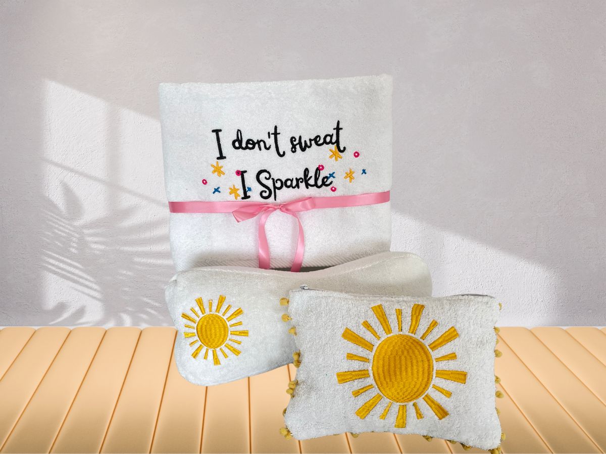Sun-Inspired gift set UAE | summer gift Dubai | beach gift hamper UAE | embroidered towel gift Dubai | sparkling gift hamper UAE | summer vibes gift Dubai | best gifts Dubai | Birthday gift | Birthday Gift Delivery UAE | birthday gift Dubai | birthday gift box Dubai online | summer getaway accessories UAE | summer essentials Dubai | online gifts UAE