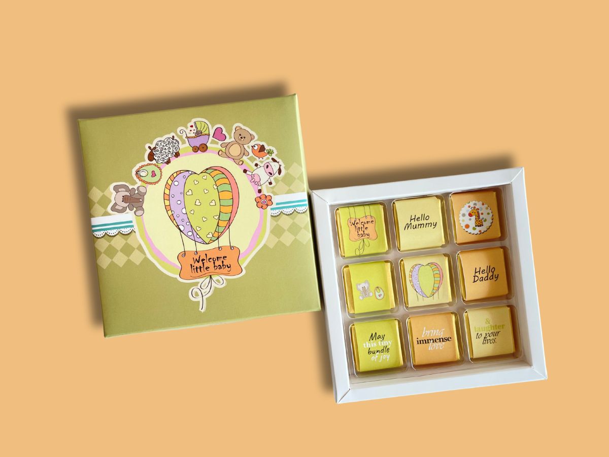 baby gift box Dubai, newborn chocolate gift, baby celebration chocolate box, welcome baby chocolate, newborn baby gift UAE, baby shower chocolate gift, baby milk chocolate box, Dubai baby gift hamper